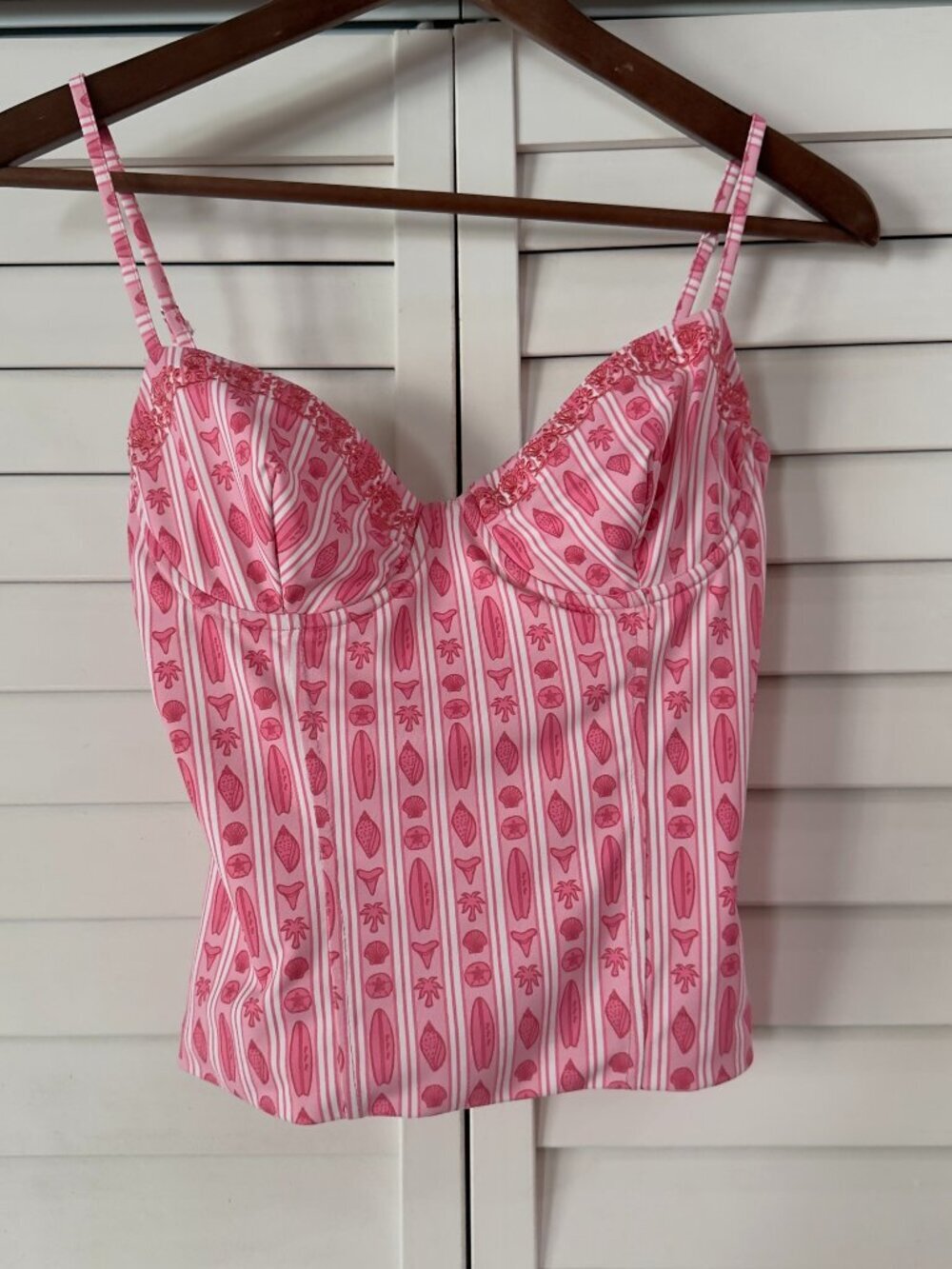 Pink Palm Puff Lace Up Corset Style Top - Size S